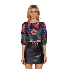 Tropical Flowers Floral Floral Pattern Pattern Mid Sleeve Drawstring Hem Top