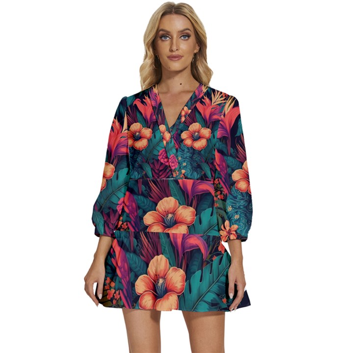 Tropical Flowers Floral Floral Pattern Pattern V-Neck Placket Mini Dress