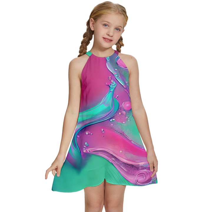 Marble Background - Abstract - Artist - Artistic - Colorful Kids  Halter Collar Waist Tie Chiffon Dress