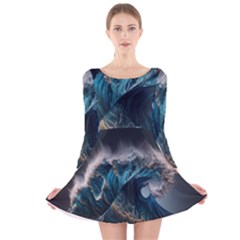 Tsunami Waves Ocean Sea Water Rough Seas 5 Long Sleeve Velvet Skater Dress