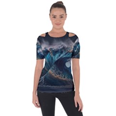 Tsunami Waves Ocean Sea Water Rough Seas 5 Shoulder Cut Out Short Sleeve Top by Pakemis