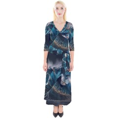 Tsunami Waves Ocean Sea Water Rough Seas 5 Quarter Sleeve Wrap Maxi Dress by Pakemis