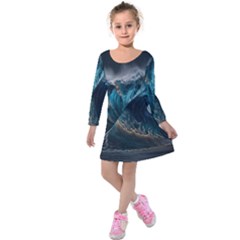 Tsunami Waves Ocean Sea Water Rough Seas 5 Kids  Long Sleeve Velvet Dress