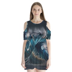 Tsunami Waves Ocean Sea Water Rough Seas 5 Shoulder Cutout Velvet One Piece