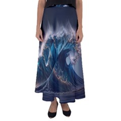 Tsunami Waves Ocean Sea Water Rough Seas 5 Flared Maxi Skirt by Pakemis