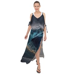 Tsunami Waves Ocean Sea Water Rough Seas 5 Maxi Chiffon Cover Up Dress by Pakemis