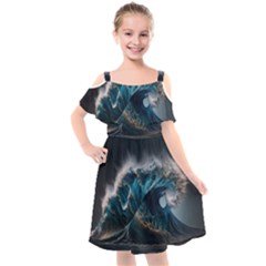 Tsunami Waves Ocean Sea Water Rough Seas 5 Kids  Cut Out Shoulders Chiffon Dress by Pakemis