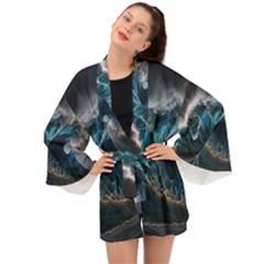 Tsunami Waves Ocean Sea Water Rough Seas 5 Long Sleeve Kimono by Pakemis