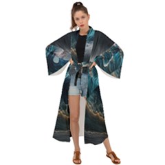 Tsunami Waves Ocean Sea Water Rough Seas 5 Maxi Kimono by Pakemis