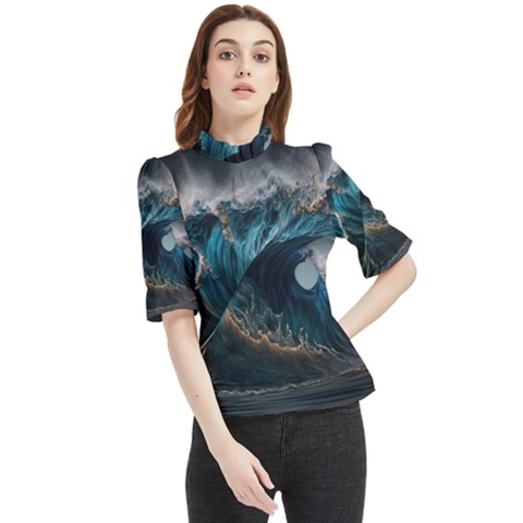 Tsunami Waves Ocean Sea Water Rough Seas 5 Frill Neck Blouse by Pakemis