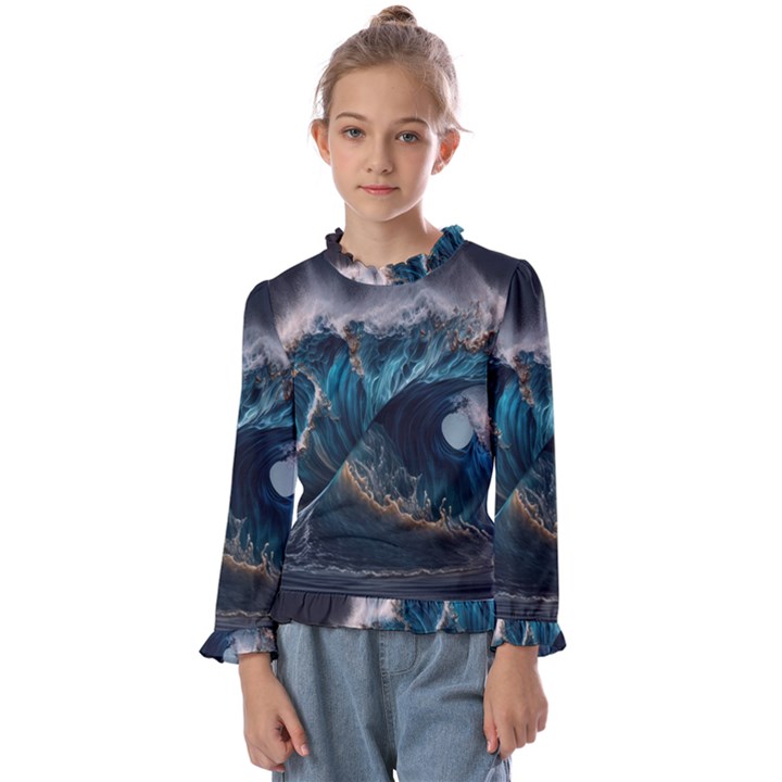 Tsunami Waves Ocean Sea Water Rough Seas 5 Kids  Frill Detail Tee