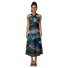 Tsunami Waves Ocean Sea Water Rough Seas 5 Sleeveless Cross Front Cocktail Midi Chiffon Dress by Pakemis