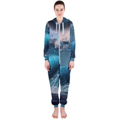 Tsunami Waves Ocean Sea Water Rough Seas 2 Hooded Jumpsuit (ladies)