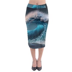 Tsunami Waves Ocean Sea Water Rough Seas 2 Midi Pencil Skirt by Pakemis