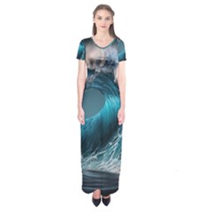 Tsunami Waves Ocean Sea Water Rough Seas 2 Short Sleeve Maxi Dress by Pakemis