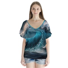 Tsunami Waves Ocean Sea Water Rough Seas 2 V-neck Flutter Sleeve Top by Pakemis