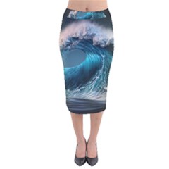 Tsunami Waves Ocean Sea Water Rough Seas 2 Velvet Midi Pencil Skirt by Pakemis