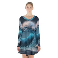 Tsunami Waves Ocean Sea Water Rough Seas 2 Long Sleeve Velvet V-neck Dress