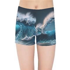 Tsunami Waves Ocean Sea Water Rough Seas 2 Kids  Sports Shorts by Pakemis