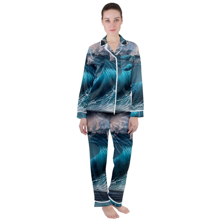 Tsunami Waves Ocean Sea Water Rough Seas 2 Women s Long Sleeve Satin Pajamas Set	