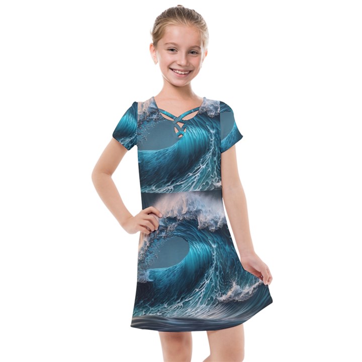 Tsunami Waves Ocean Sea Water Rough Seas 2 Kids  Cross Web Dress