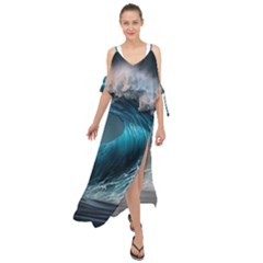 Tsunami Waves Ocean Sea Water Rough Seas 2 Maxi Chiffon Cover Up Dress by Pakemis