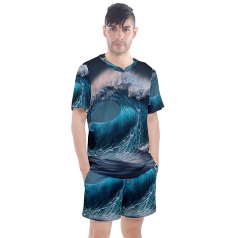 Tsunami Waves Ocean Sea Water Rough Seas 2 Men s Mesh Tee And Shorts Set by Pakemis