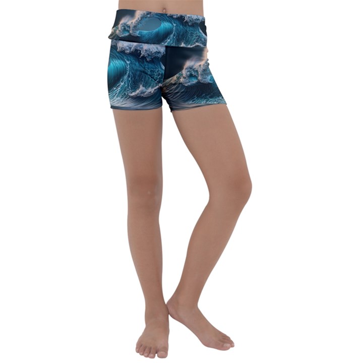 Tsunami Waves Ocean Sea Water Rough Seas 2 Kids  Lightweight Velour Yoga Shorts