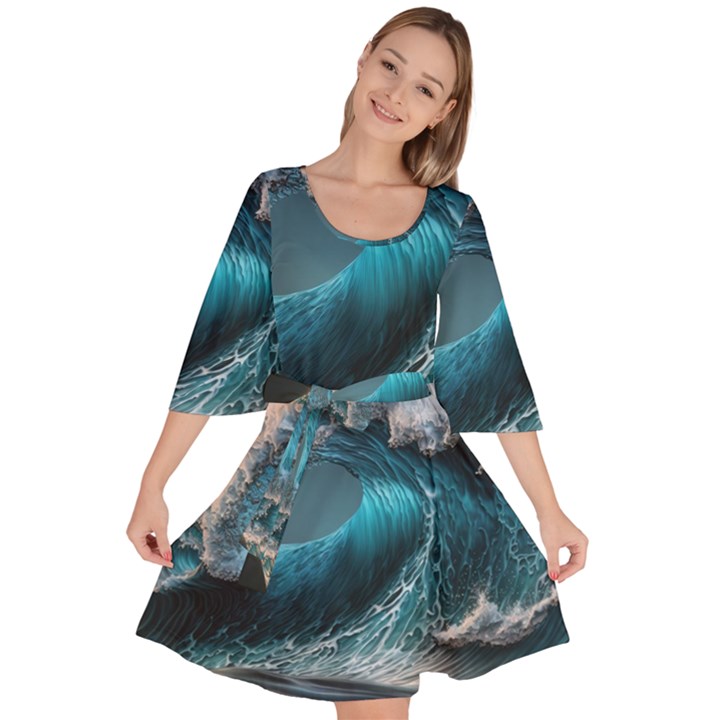 Tsunami Waves Ocean Sea Water Rough Seas 2 Velour Kimono Dress