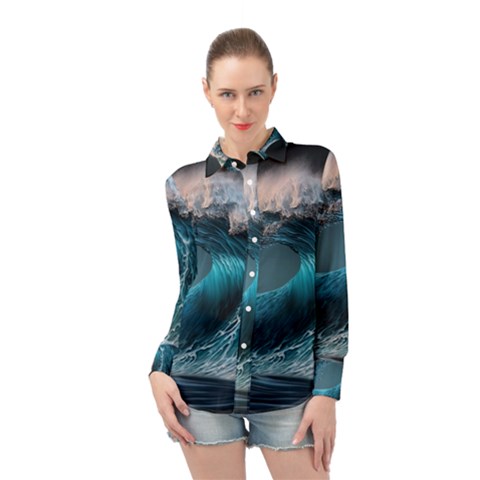 Tsunami Waves Ocean Sea Water Rough Seas 2 Long Sleeve Chiffon Shirt by Pakemis