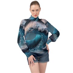 Tsunami Waves Ocean Sea Water Rough Seas 2 High Neck Long Sleeve Chiffon Top by Pakemis