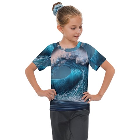 Tsunami Waves Ocean Sea Water Rough Seas 2 Kids  Mesh Piece Tee by Pakemis