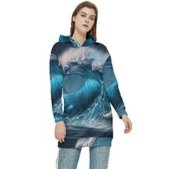 Tsunami Waves Ocean Sea Water Rough Seas 2 Women s Long Oversized Pullover Hoodie