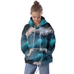 Tsunami Waves Ocean Sea Water Rough Seas 2 Kids  Oversized Hoodie