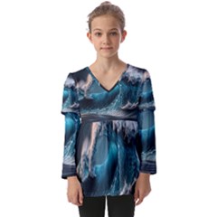 Tsunami Waves Ocean Sea Water Rough Seas 2 Kids  V Neck Casual Top by Pakemis