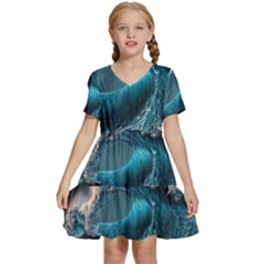 Tsunami Waves Ocean Sea Water Rough Seas 2 Kids  Short Sleeve Tiered Mini Dress by Pakemis