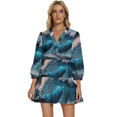 Tsunami Waves Ocean Sea Water Rough Seas 2 V-neck Placket Mini Dress by Pakemis