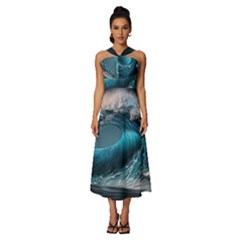 Tsunami Waves Ocean Sea Water Rough Seas 2 Sleeveless Cross Front Cocktail Midi Chiffon Dress by Pakemis