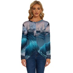 Tsunami Waves Ocean Sea Water Rough Seas 2 Long Sleeve Crew Neck Pullover Top by Pakemis