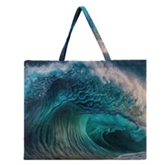 Tsunami Waves Ocean Sea Water Rough Seas Zipper Large Tote Bag by Pakemis