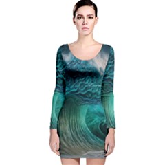 Tsunami Waves Ocean Sea Water Rough Seas Long Sleeve Velvet Bodycon Dress