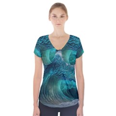 Tsunami Waves Ocean Sea Water Rough Seas Short Sleeve Front Detail Top by Pakemis