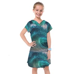 Tsunami Waves Ocean Sea Water Rough Seas Kids  Drop Waist Dress by Pakemis