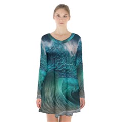 Tsunami Waves Ocean Sea Water Rough Seas Long Sleeve Velvet V-neck Dress