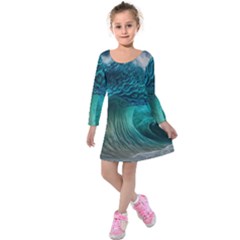 Tsunami Waves Ocean Sea Water Rough Seas Kids  Long Sleeve Velvet Dress