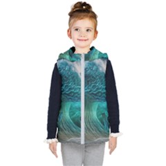 Tsunami Waves Ocean Sea Water Rough Seas Kids  Hooded Puffer Vest