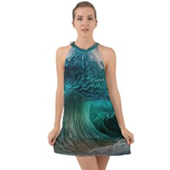 Tsunami Waves Ocean Sea Water Rough Seas Halter Tie Back Chiffon Dress by Pakemis