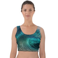 Tsunami Waves Ocean Sea Water Rough Seas Velvet Crop Top by Pakemis