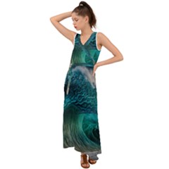 Tsunami Waves Ocean Sea Water Rough Seas V-neck Chiffon Maxi Dress by Pakemis