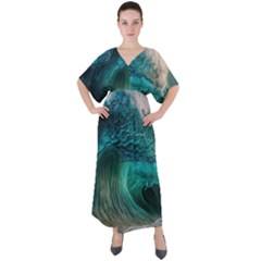 Tsunami Waves Ocean Sea Water Rough Seas V-neck Boho Style Maxi Dress by Pakemis